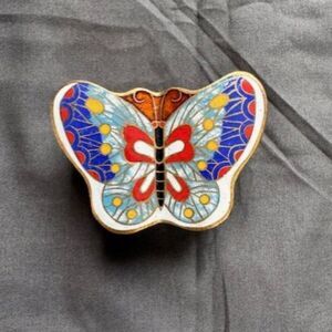 Collectible Multi Color Cloisonne Enamel Brass Butterfly Trinket Jewelry Box